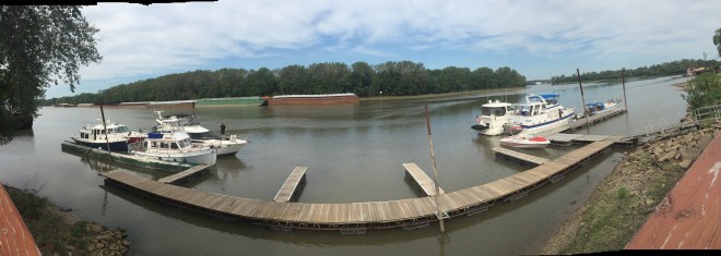 Seven boats waiting - taken with a pano lens to get everyone in.