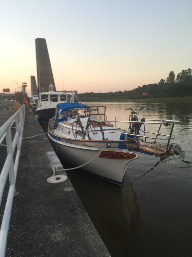 Five boats along the wall at Kaskaskia Lock. 
